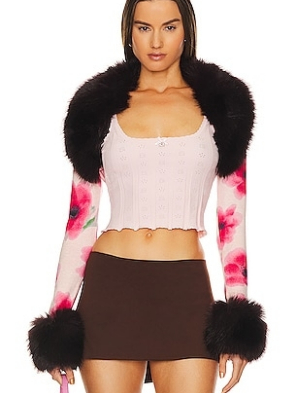 Guizio Faux Fur Bolero Cardigan in Water Floral (Pink & Brown) - Size Large